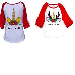 2 PCS Little Girl Kids Toddler 3/4 Ruffle Sleeve Unicorn Christmas T-Shirt Top